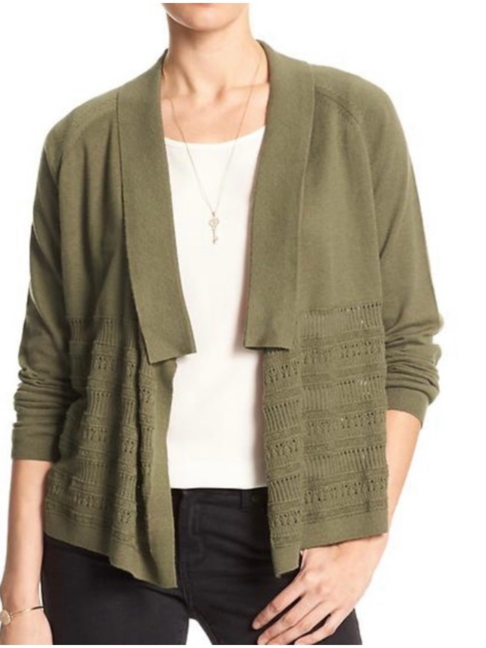 Banana Republic Mixed Stitch Pointelle Open
Cardigan Sweater Olive Green PTP 21”